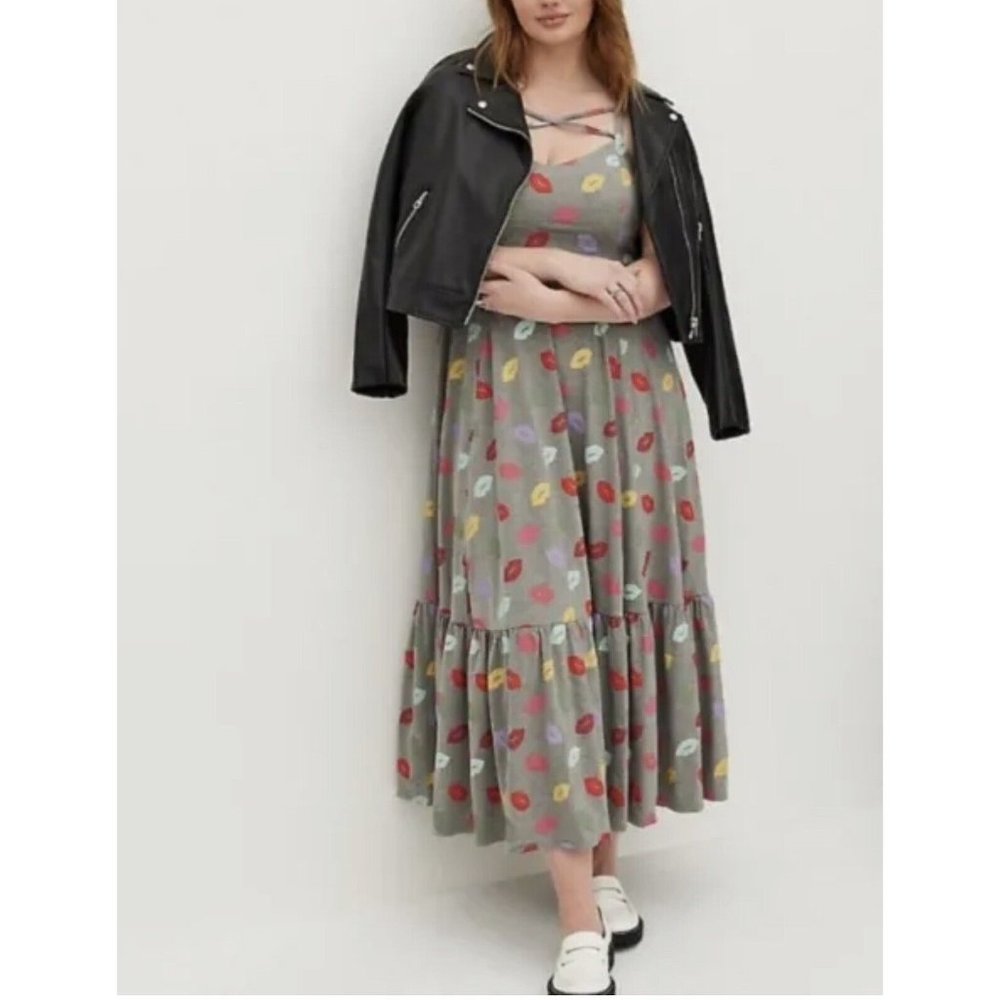 TORRID Strappy Maxi Long Dress Jersey Lips Grey Multi Stretch Plus Size 1X